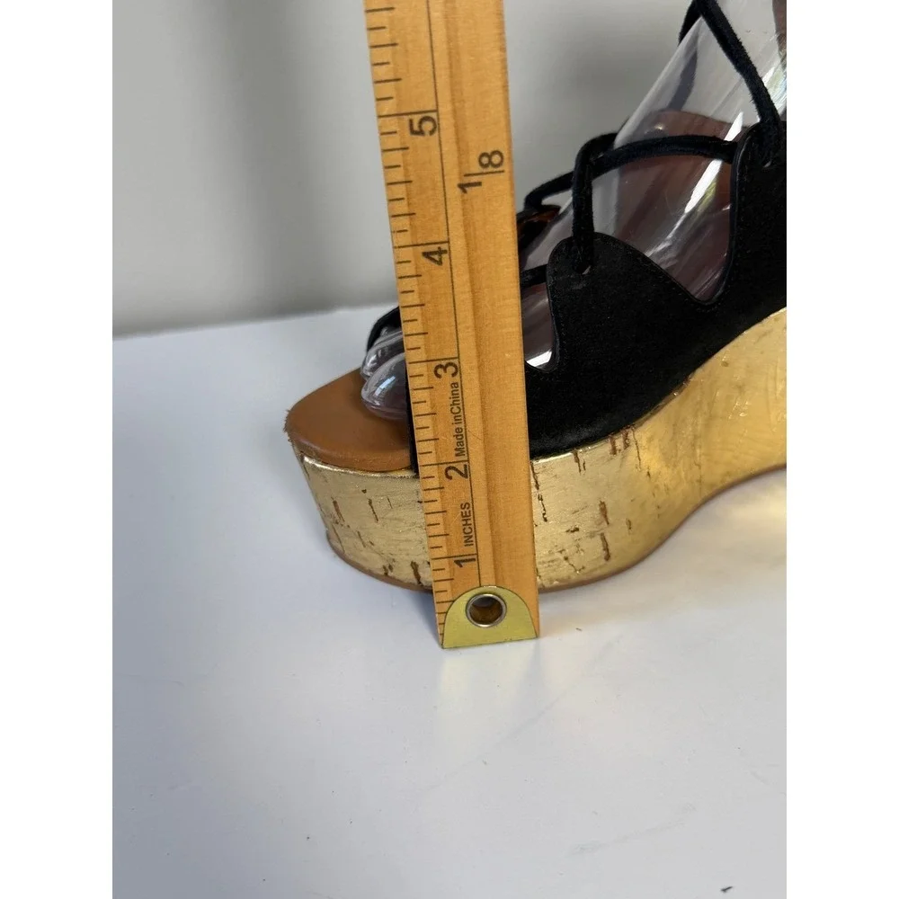 CHLOE See By Chloe Liana Wedge Sandal 6 Black Suede/Gold Cork Platform Gladiator